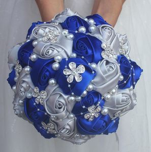 Pas cher bleu argent bouquet Rose demoiselle d'honneur mariage mousse fleurs Rose bouquet de mariée ruban faux mariage bouquet9914725