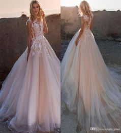 Goedkope Boheemse blush roze goedkope plus size a line trouwjurken cap mouw kanten appliqued trouwjurk bruidsjurken vestidos de 2621008