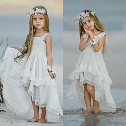 Vestidos de niña de flores bohemios altos y bajos baratos para vestidos de desfile de bodas en la playa Una línea Boho Apliques de encaje Niños Primera Comunión D227V