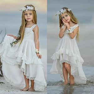 Vestidos de niña de flores bohemios altos y bajos baratos para vestidos de desfile de bodas en la playa Una línea de encaje bohemio con apliques para niños Primera comunión D248N