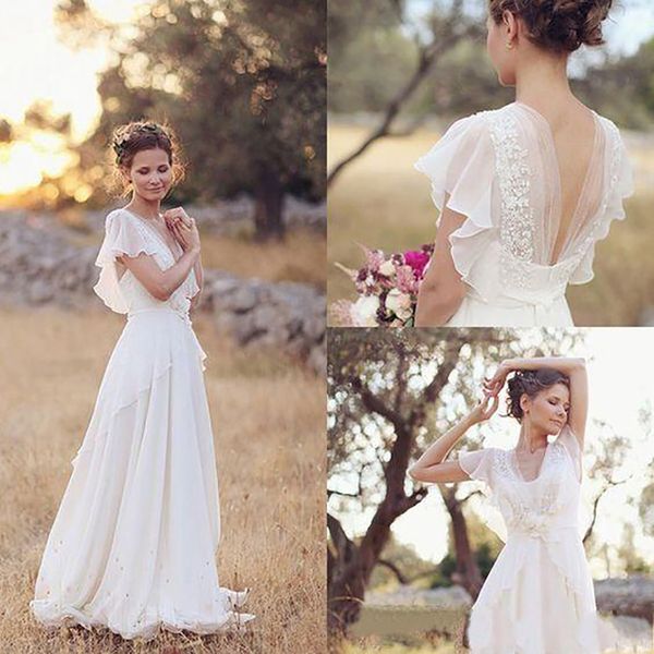 Pas cher Bohème Hippie Style Robes De Mariée Plage A-ligne Robe De Mariée Robes De Mariée Dos Nu Blanc Dentelle En Mousseline De Soie Boho Robe