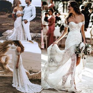 Barato Boho Una línea de vestidos de novia Cariño Manga corta Vestido de novia de encaje con apliques completos Tren de barrido de playa Vestidos de novia hechos a medida