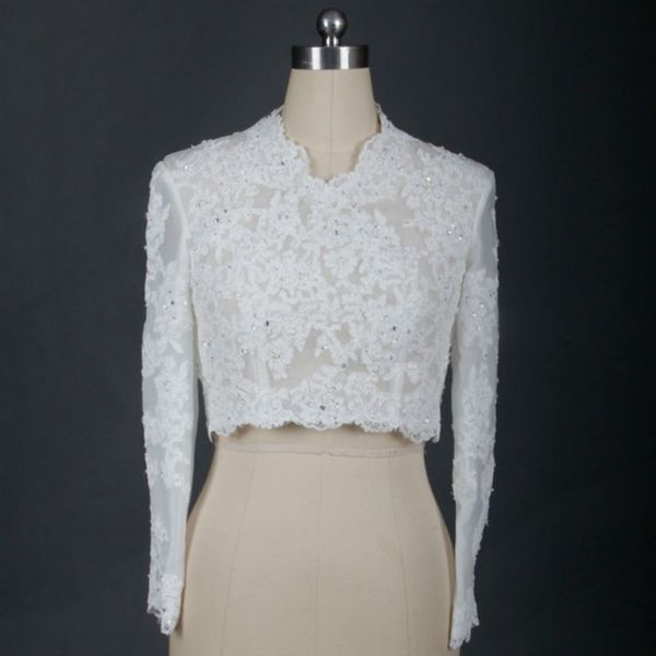 Envolturas nupciales baratas Modest Alencon Lace Beads Cuello en V Lentejuelas Boda Nupcial Bolero para vestidos de novia Chaqueta con apliques de encaje de manga larga