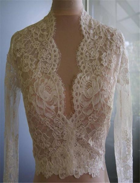 Chales de novia baratos, modestos cristales de encaje de Alencon, funda con cuello en V, Bolero nupcial para boda, vestidos de novia, apliques de encaje de manga larga 2337159