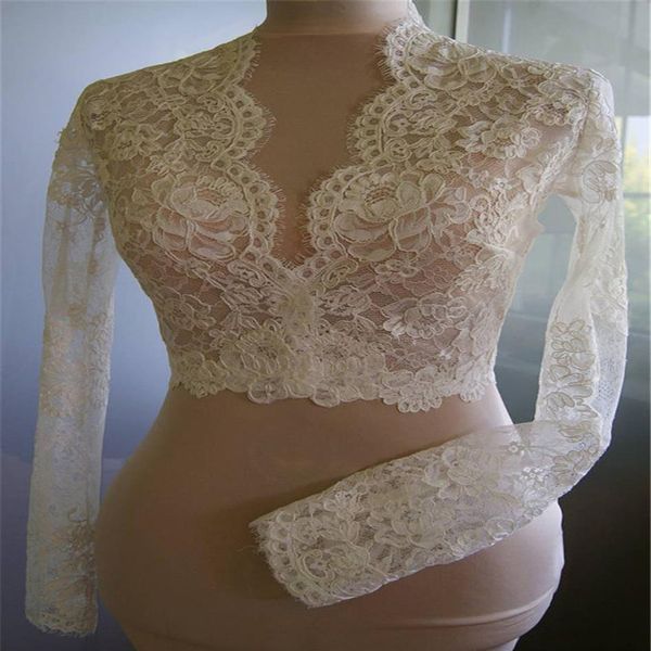 Envolturas nupciales baratas Modest Alencon Lace Crystals V Neck Sheath Wedding Bolero nupcial para vestidos de novia Apliques de encaje de manga larga 2435