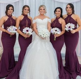 Robes de demoiselle d'honneur licou en dentelle bordeaux bon marché