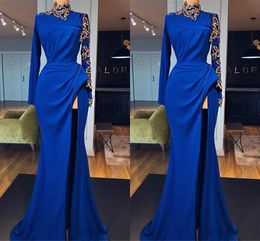 Nieuwe Collectie Royal Blue Prom Dresses Lange Mouw Jewel Hoge Zij Split Lange Formele Jurk Evening Draag jurken Gewaden De Soirée Abiti da Sera
