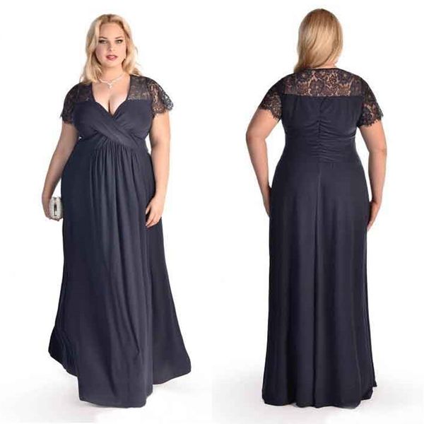 Vestidos formales de talla grande de gasa baratos, apliques de encaje de manga corta, vestidos de noche con cuello en V, vestido para ocasiones especiales hasta el suelo SD3395