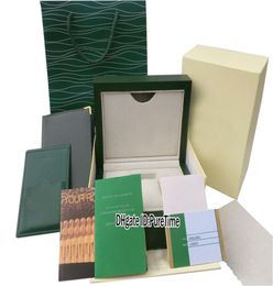 Boîte de montre d'origine en bois vert classique pas cher Portefeuille en cuir vert cadeau en cuir en papier sac de jour sous 116660 Rollie Puret7969216