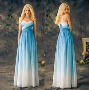 Goedkoop land bruidsmeisje jurken lange blauwe gradiënt kleur chiffon ruches plooien veter sweetheart plus size maid of honor jurken5307337