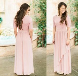 Goedkope Country Roze Bruidsmeisjes Jurken Chiffon Ronde Hals Kant Half Mouwen Lange Vloer Lengte voor Huwelijk Plus Size Gast Dress Partyjurken