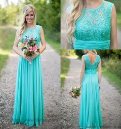 Goedkope Landelijk Turquoise Mint Bruidsmeisjes Jurken Illusie Hals Kanten Top Met Kralen Chiffon Lang Plus Size Bruidsmeisje Bruiloft D7947483