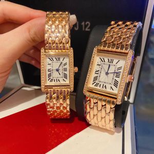 Goedkope paar cadeauset voor mannen en vrouwen Vintage tankhorloges Diamant goud platina rechthoek quartz horloge roestvrij staal modecadeaus voor geliefden 2023
