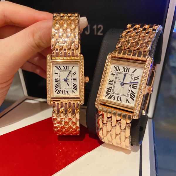 Juego de regalo barato para parejas, hombres y mujeres, relojes de tanque vintage, reloj de cuarzo rectangular de platino y oro con diamantes, regalos de moda de acero inoxidable para amantes 2023