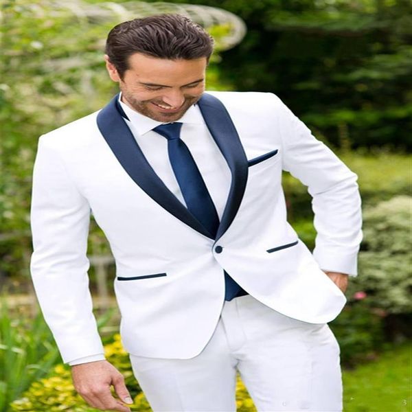 Barato por encargo blanco novio esmoquin azul solapa padrinos de boda traje para hombre trajes de boda Slim Fit novio traje de negocios chaqueta 335W