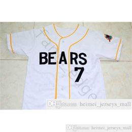 Número personalizado barato Bad Noticias Bears Película #7 Botón Down Baseball Jersey White Mens Costered Jerseys Camisetas Tamaño S-XXXL Envío rápido