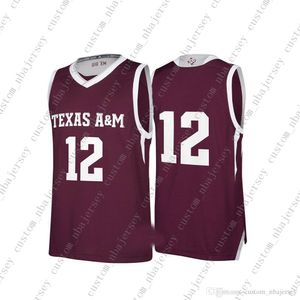 Pas cher Personnalisé Texas AM Aggies NCAA March Madness Maroon # 12 Basketball Jersey Personnalité couture personnalisée tout numéro de nom XS-5XL