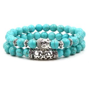 2pcs / ensemble Couleur argentée Bouddha Head Lava Squelette turquoises Perles en pierre naturelle pour femmes Bracelet Men Bracelet Charme Bangles Bijoux de mode