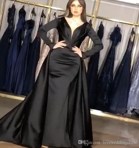 Goedkope elegante zwarte zeemeermin prom jurken met overskirt satin vloer lengte lange mouwen formele jurk avondjurken gewaden de soirée