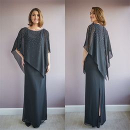 Goedkope elegante moeder van de bruids jurken met wrap juweel hals chiffon pailletten partij jurk kant-split op maat gemaakte bruiloft gast jurk