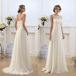 Pas cher Empire Taille Robe De Mariée Sheer Jewel Décolleté Sans Manches En Dentelle Top Plage Jardin Pays Style En Mousseline De Soie Robes De Mariée Ceinture Perlée