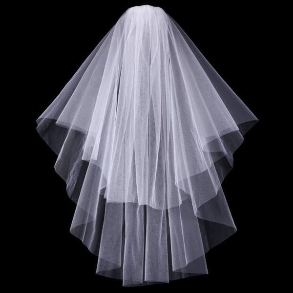 Pas cher exquis court voile de mariée filet deux couches court voile de mariage avec peigne longueur du bout des doigts fait à la main Noble blanc ivoire Headw255W