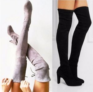 Diseñador de moda barato Mujeres Botas altas hasta el muslo Punta estrecha 7 CM Nudo Tacones Bomba de invierno Zapatos Tres colores Stretch Lady Boot