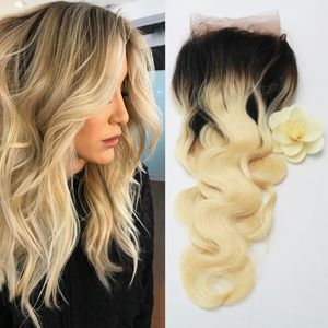 Evermagic Braziliaanse Remy Menselijk Haar Ombre 1B / 613 Blonde 13 * 4 Kant Frontale Sluiting Oor tot Ear Body Wave Swiss Lace Baby Hair