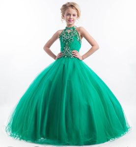 Vestidos baratos para desfile de niñas para adolescentes Cuello alto con ojo de cerradura Perla de cristal Beades Verde Tamaño largo 13 Fiesta Vestidos largos para niñas de flores para niños