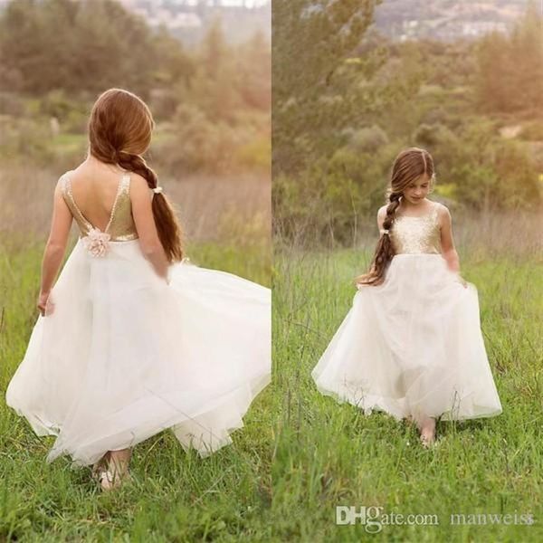 Lentejuelas doradas baratas Vestidos de niñas de flores para bodas Sin espalda Vestido de desfile Hasta el suelo Princesa Niños Ropa formal 2723