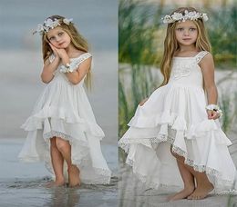 Goedkoop hoog strand laag Boheems kant een lijn bloemenmeisje jurken voor bruiloften optocht jurken boho kinderen prom jurk eerste heilige communie