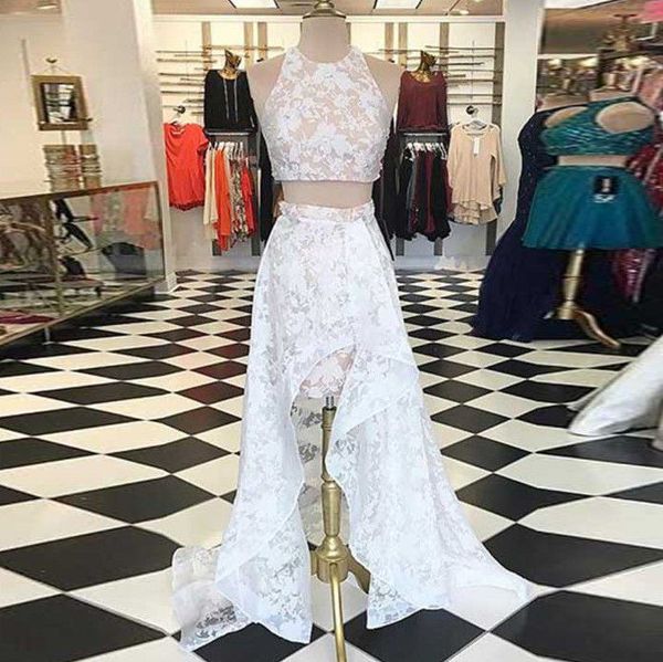 Robe de bal haut bas pas cher 2 pièces en dentelle blanche froncée col bijou court devant long dos robe de soirée formelle robes nouveau pas cher