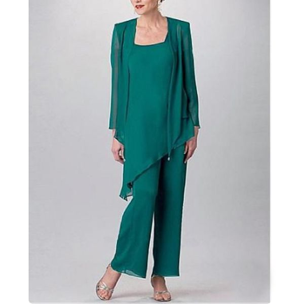 Costume pantalon pour mère de la mariée vert Hunter, bon marché, Ofun, Simple, en mousseline de soie, manches longues, sur mesure, robes d'invitées de mariage, 251z