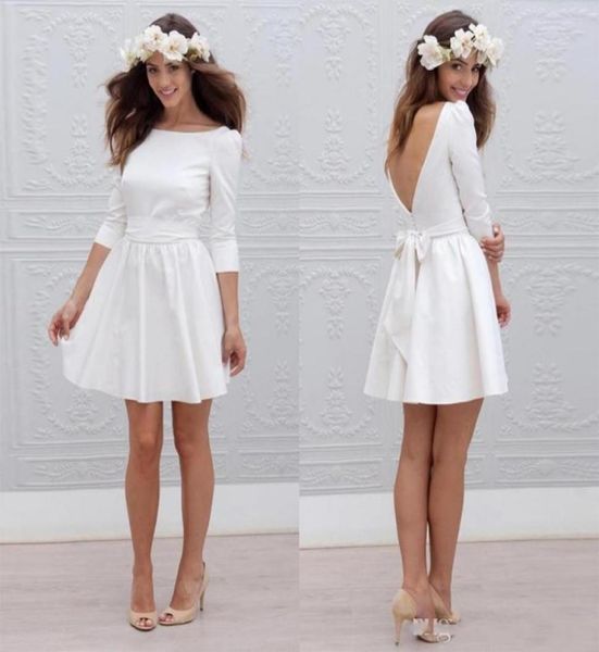 Vestidos de novia cortos informales baratos con 34 manga simple mini recepción barata vestidos de novia blancos sexy para la boda abierta d1789256