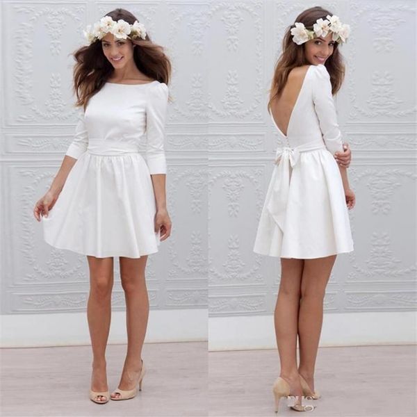 Robes de mariée courtes informelles bon marché avec 3 4 manches simples pas cher Mini réception robes de mariée blanches Sexy dos ouvert fête de mariage D294S