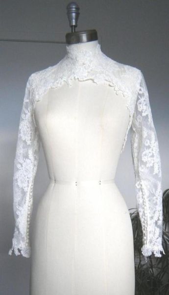 Pas cher ivoire blanc enveloppes de mariée dentelle appliques col haut à manches longues châles vestes de mariage boléro pour robes de mariée réel Pos354748712222