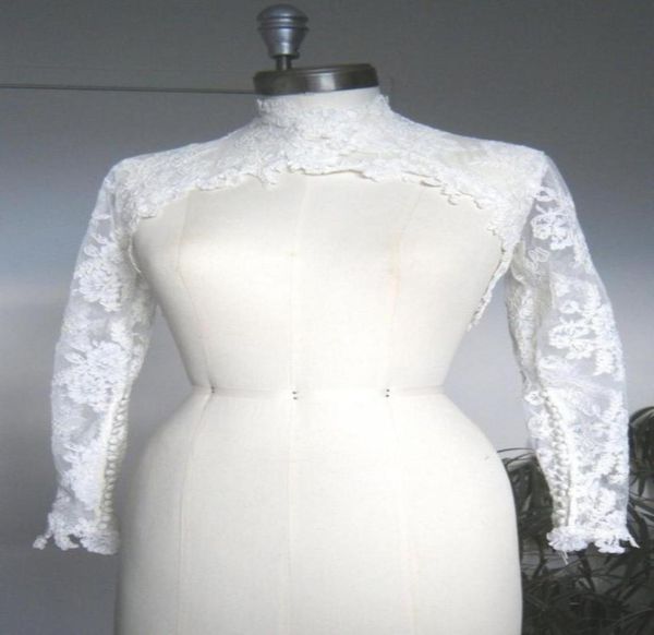 Pas cher ivoire blanc enveloppes de mariée dentelle appliques col haut à manches longues châles vestes de mariage boléro pour robes de mariée réel Pos354747446168