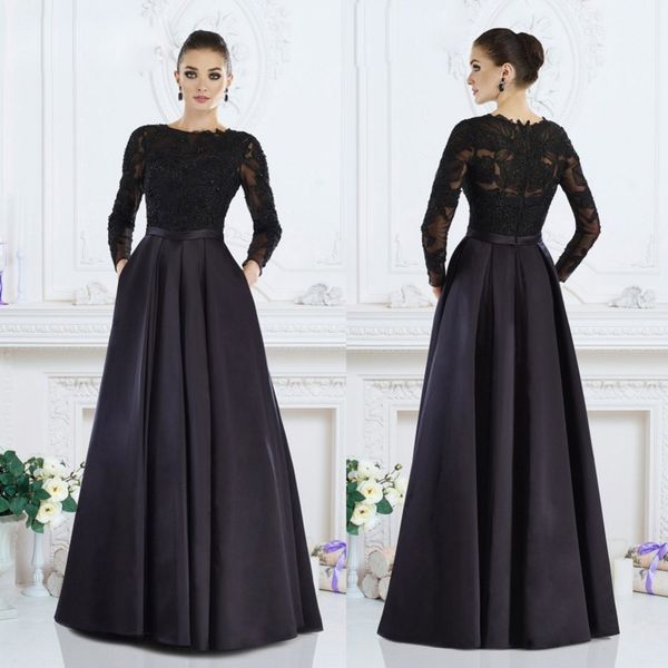 Barato Janique A Line Satén Vestidos para madre de la novia Joya Manga larga Apliques de encaje Vestido de invitados de boda Hasta el suelo Vestidos de noche