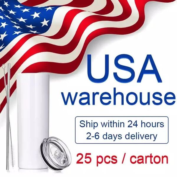 US CA Warehouse 20 oz tasse de sublimation gobelets droits blanc 304 acier inoxydable isolé sous vide mince bricolage 20 oz tasse voiture tasses à café en gros