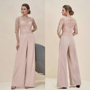 Goedkope jumpsuits kant moeder van de bruid brok pakken bateau hals blozen roze bruiloft gasten jurk chiffon plus size moeders bruidegom jurken