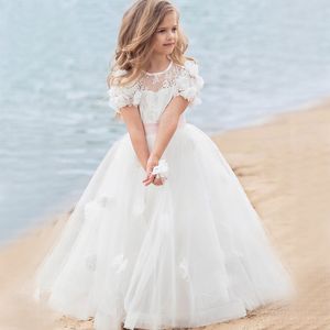 Robes de fille de fleur princesse en dentelle pour les mariages Little Girls Pageant Robe 3D Appliques en tulle Longueur du sol