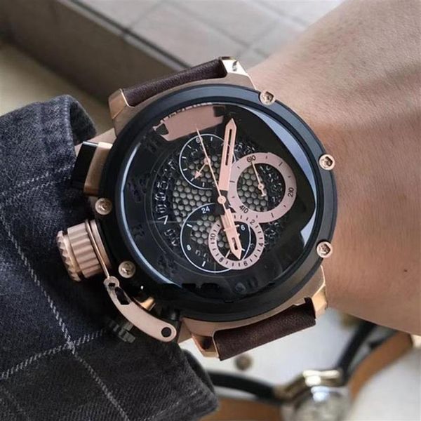 Pas cher gaucher 50mm U-51 U51 Chimère Bronze 7474 Squelette Cadran Noir Quartz Chronographe Montre Homme Bracelet En Cuir Or Rose Spor242M