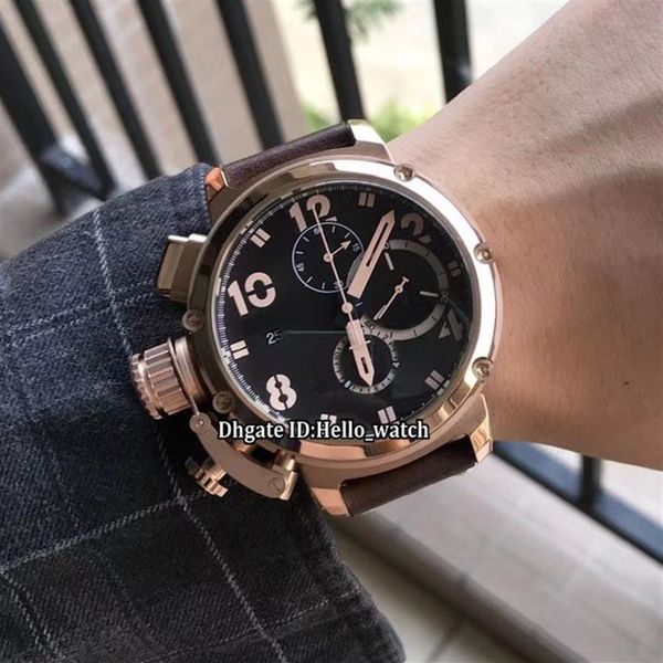 Pas cher gaucher 50mm U-51 U51 Chimera Bronze 7474 cadran noir chronographe à quartz montre pour homme boîtier en or rose bracelet en cuir Stopwatc2049