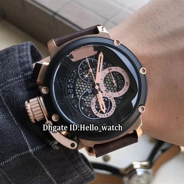 Pas cher gaucher 50mm U-51 U51 Chimère Bronze 7474 Squelette Cadran Noir Quartz Chronographe Montre Homme Bracelet En Cuir Or Rose Spor233c