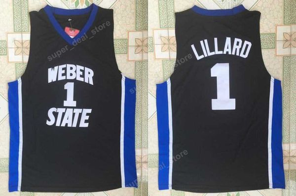 Barato Lillard College Jerseys Weber State 0 Damian Lillard Jerseys Hombres Negro Deporte Uniformes de baloncesto Todo bordado cosido