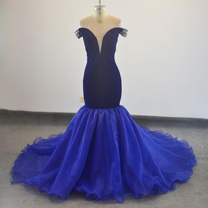 Gratis Verzending Goedkope Lange Mermaid Prom Dress Echte Sample Off The Shoulder Beaded Royal Blue Formal Party Avondjurk Robe de Soiree