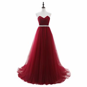 Goedkope Lange Tule Bordeaux Prom Jurken met Pailletten Kralen Riem Strapless Corset Avondjurken Lace up Senior Formele Partij Dre277A