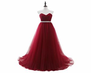 Goedkope lange tule bordeaux galajurken met pailletten kralen riem strapless korset avondjurken lace up senior formele partij dre1528338