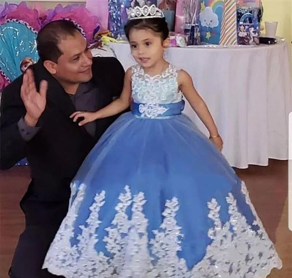 Barato Encantador Lindo Vestidos de niña de flores 2019 Princesa Luz Cielo Azul Hija Niño Bonito Niños Concurso Formal Primera Comunión Vestidos