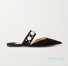 Zapatillas de punta de punta adornadas de lujo baratas, zapatos planos de cuero de ante negro para caminar, sandalias elegantes con correa en el tobillo para mujer 33